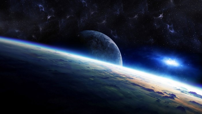 Planet and Moon in Outer Space