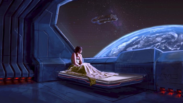 Woman in futuristic room looking at planet and spaceship