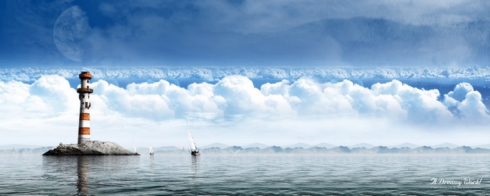 Digital art of a lighthouse on an island with sailboats and a planet in the sky