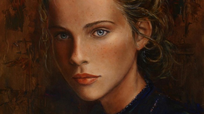 Painting of a young woman with blue eyes and freckles