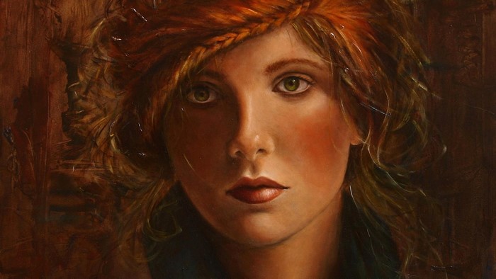Painting of a woman with red hair and green eyes