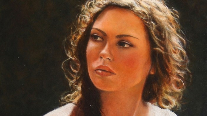 Painting of a woman with curly brown hair