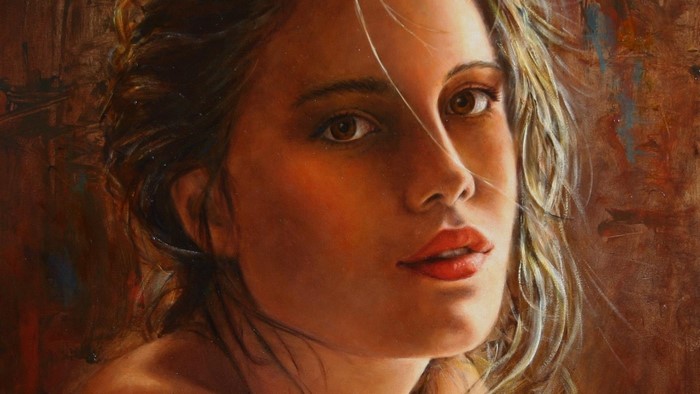 Painting of a woman's face with red lips