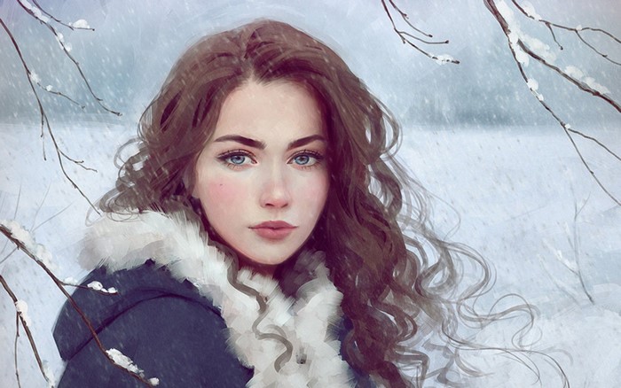 Painting of a young woman in winter