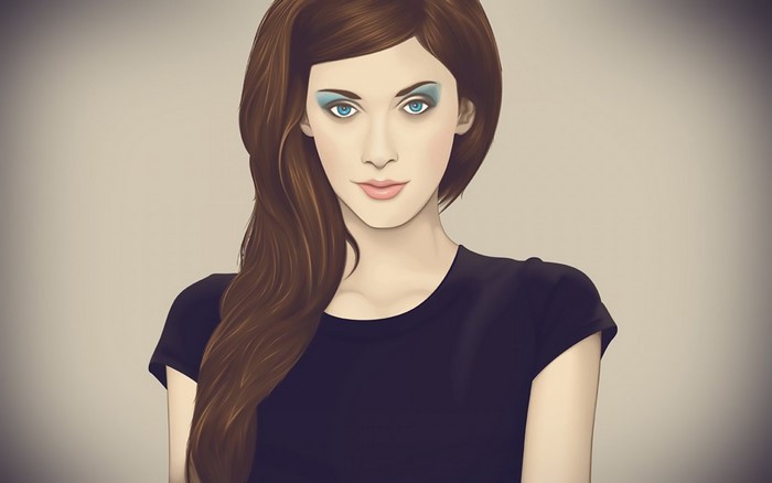 Portrait of a woman with long brown hair and blue eyes