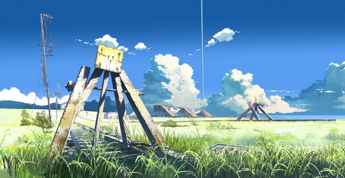 Anime landscape with abandoned railway and clouds