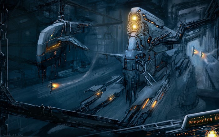 Futuristic hangar with large mechs and spaceships