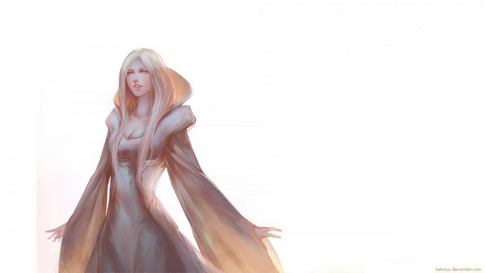 Fantasy art of a woman with white hair in a white gown