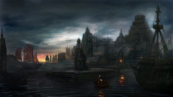Fantasy port city at dusk with ships and ancient architecture