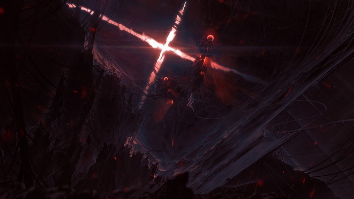 Dark fantasy landscape with glowing red cross