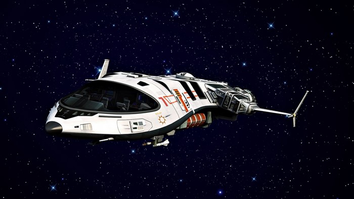 White spacecraft in outer space with stars