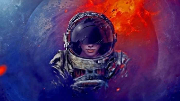 Astronaut in a melting helmet against a cosmic background