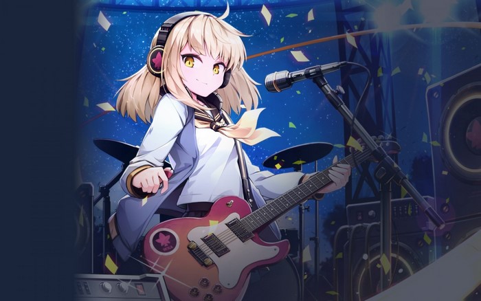 Anime girl playing electric guitar on stage