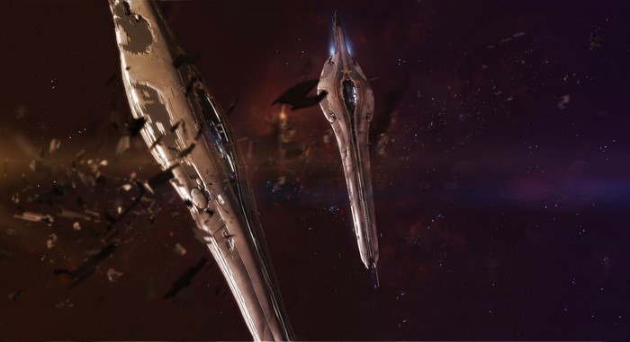 Two Forerunner ships in space with debris