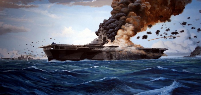 Aircraft carrier on fire in the ocean during battle