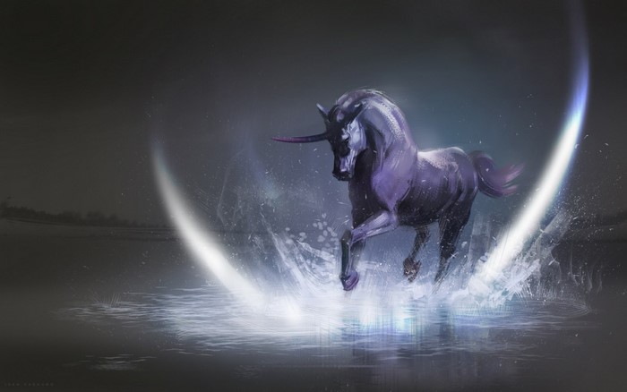 Dark fantasy unicorn running through water with light arcs
