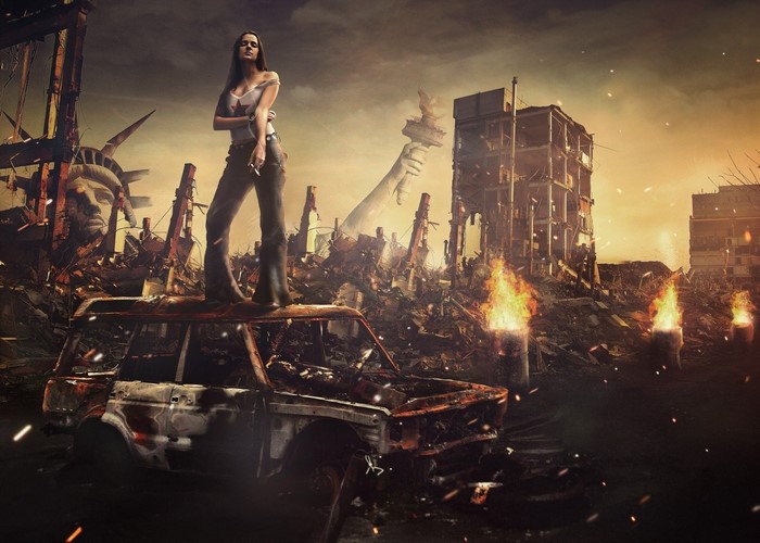 Woman standing on a car in a destroyed city