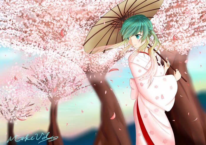 Anime girl with Japanese umbrella under Sakura trees