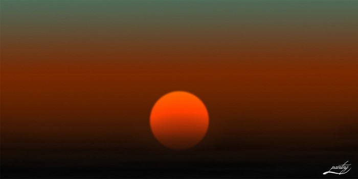 Sunset with a large orange sun over the horizon