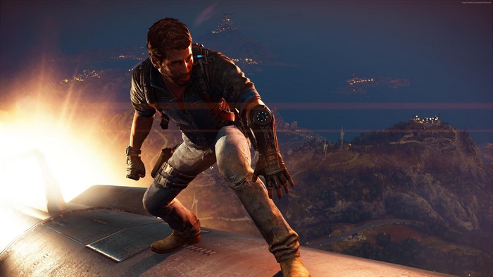 Rico Rodriguez from Just Cause 3 on a plane wing