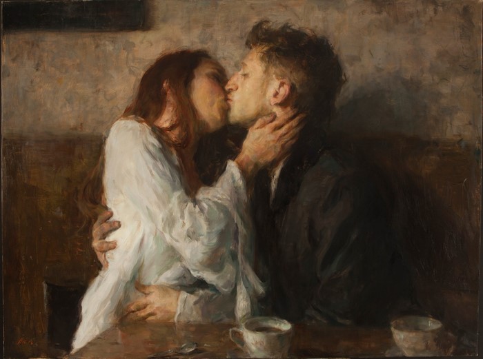 Impressionist Painting of a Romantic Couple Kissing