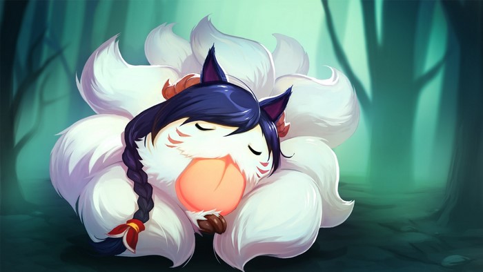 Ahri from League of Legends sleeping in a forest