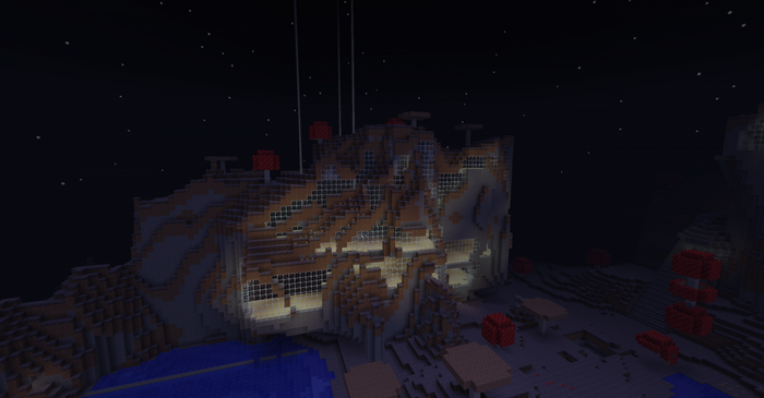 Minecraft screenshot of a glowing structure at night