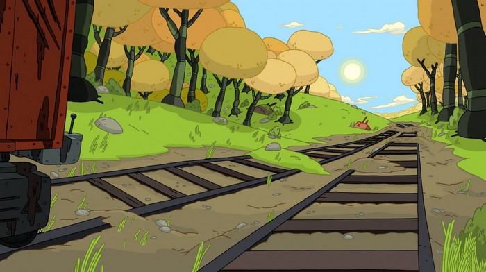 Adventure Time screenshot of train tracks in a forest