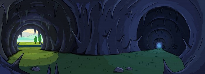 Cave entrance with trees and mountains