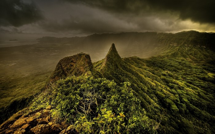 Mountain ridge with green forest and stormy clouds