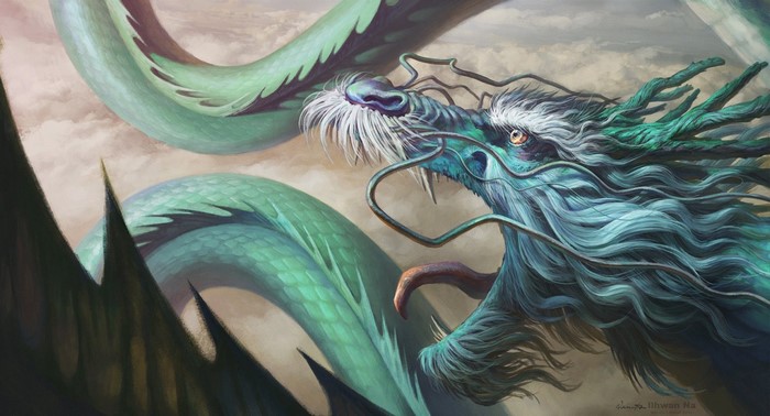 Green Chinese Dragon in the Sky