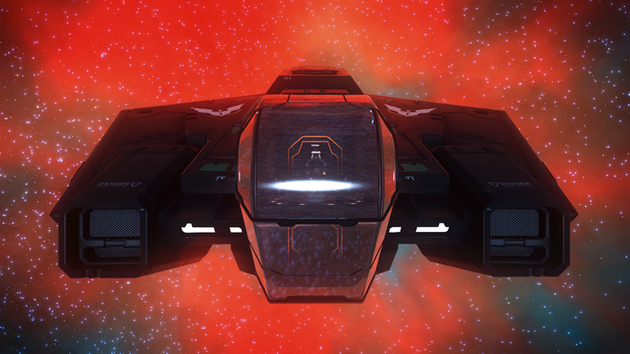 Elite Dangerous spaceship in a red nebula