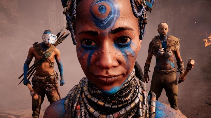Far Cry Primal characters with face paint and tribal attire