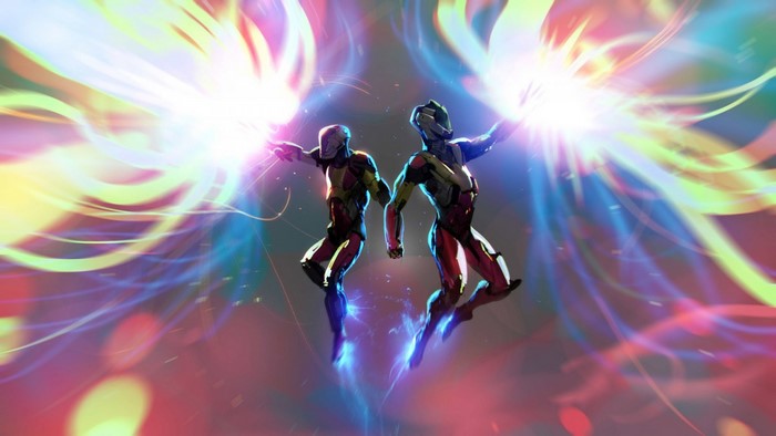 Two cyborgs unleashing colorful energy blasts