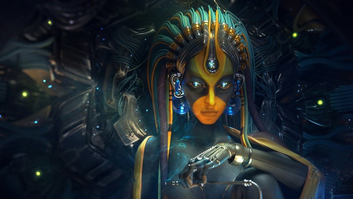Futuristic cyborg woman with glowing eyes and intricate headdress