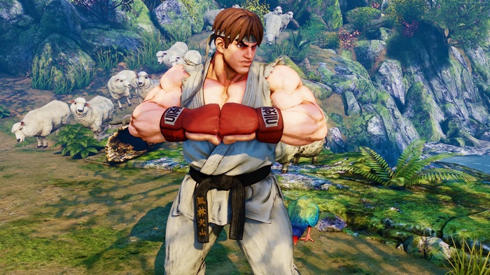 Ryu from Street Fighter 5 in a natural landscape