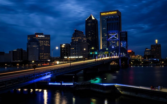 Jacksonville skyline with bridge at night