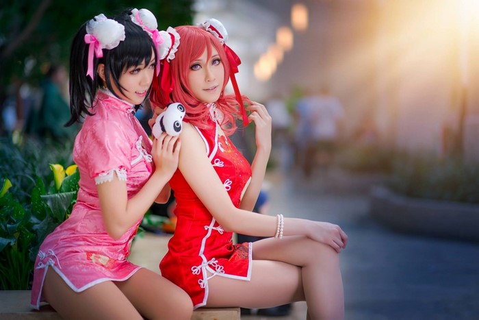 Anime Style Cosplay with Red and Pink Cheongsams