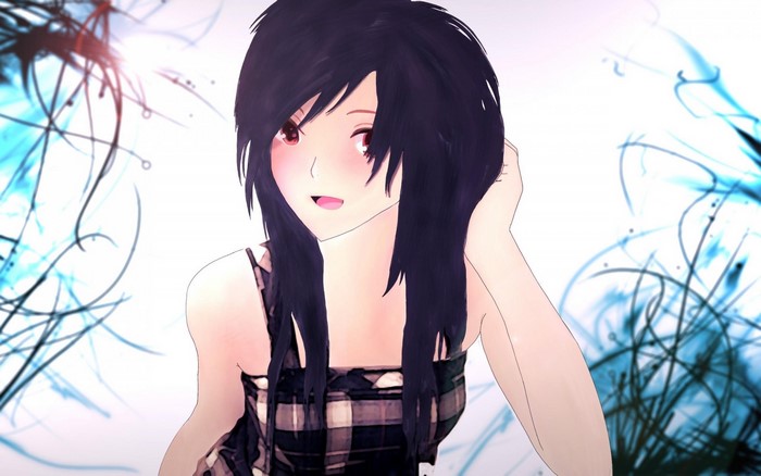 Anime girl with black hair and plaid dress