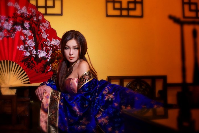 Elegant Asian Woman Wearing Traditional Kimono