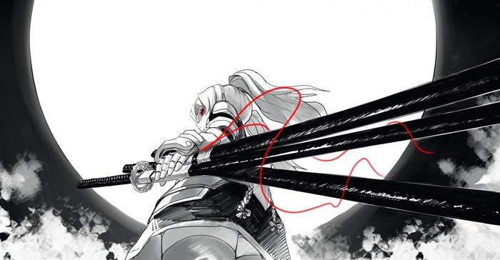 Anime girl with multiple swords and red ribbons