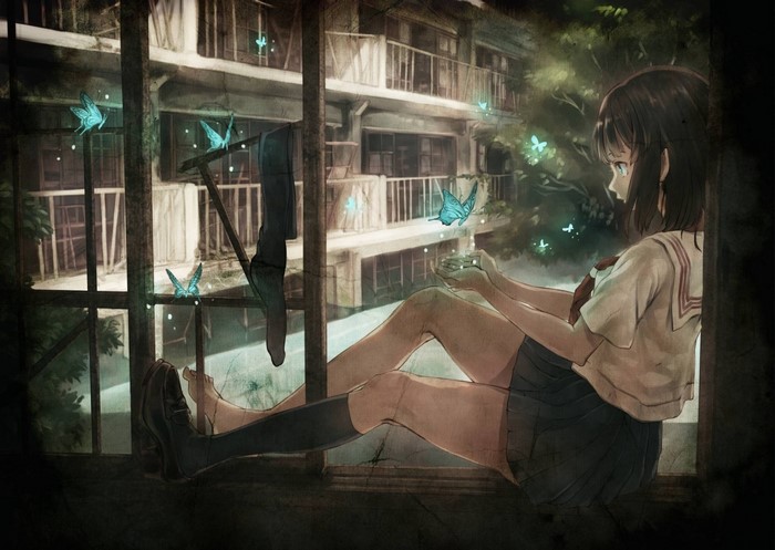 Anime girl in school uniform with butterflies