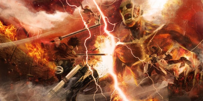 Colossal Titan fighting soldiers from Attack on Titan