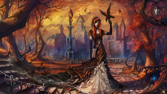 Fantasy art of a woman with a bird in a forest