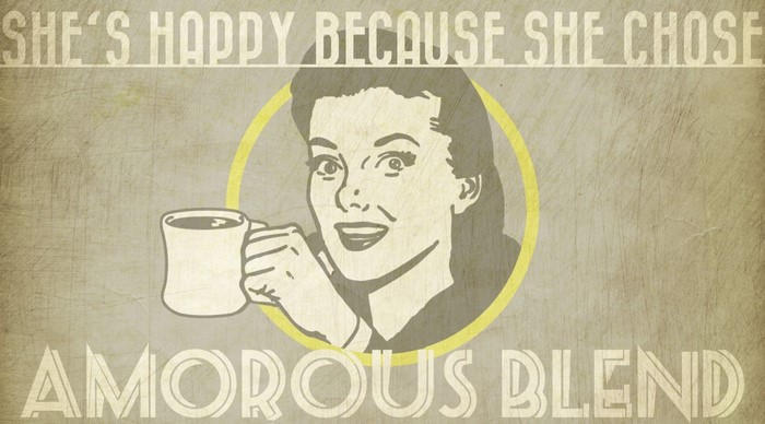 Amorous Blend vintage poster with woman drinking coffee
