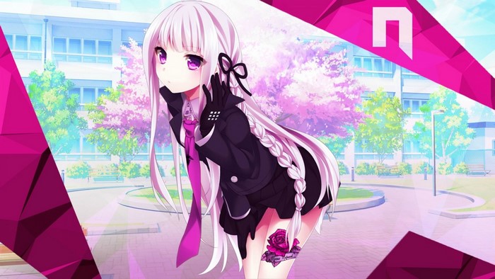 Kyoko Kirigiri from Danganronpa in front of a school
