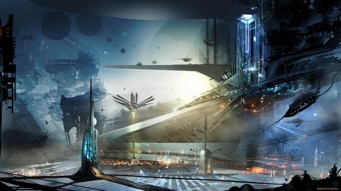 Science fiction city with futuristic architecture and flying vehicles