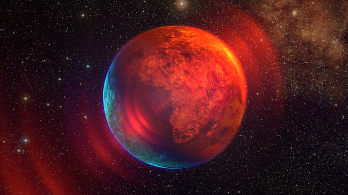 A glowing planet with Earth's continents visible in space