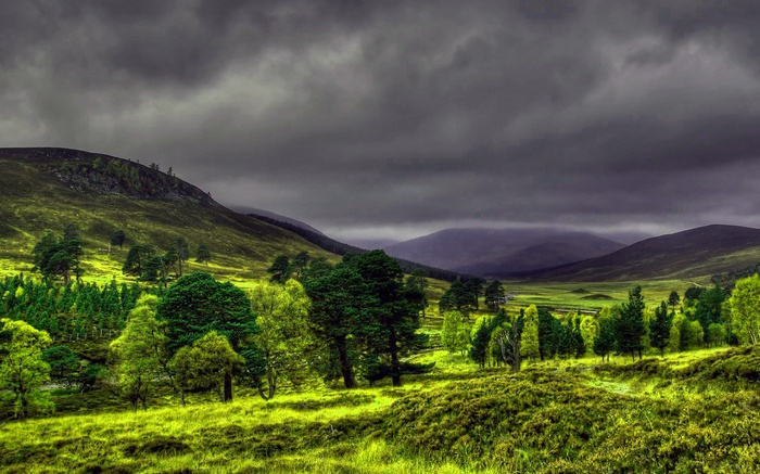 Green rolling hills and trees under a cloudy sky