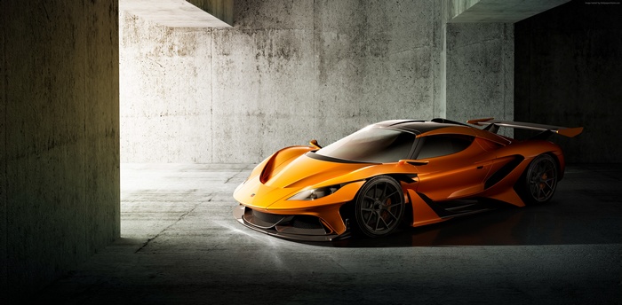 Orange Apollo Arrow Hypercar in Concrete Garage